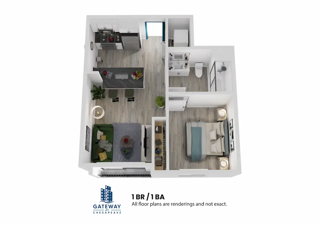 3D floor plan  a 1 bed, 1 bath apartment
