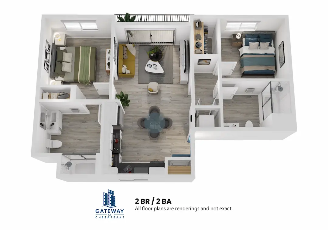 3D floor plan  a 2 bed, 2 bath apartment